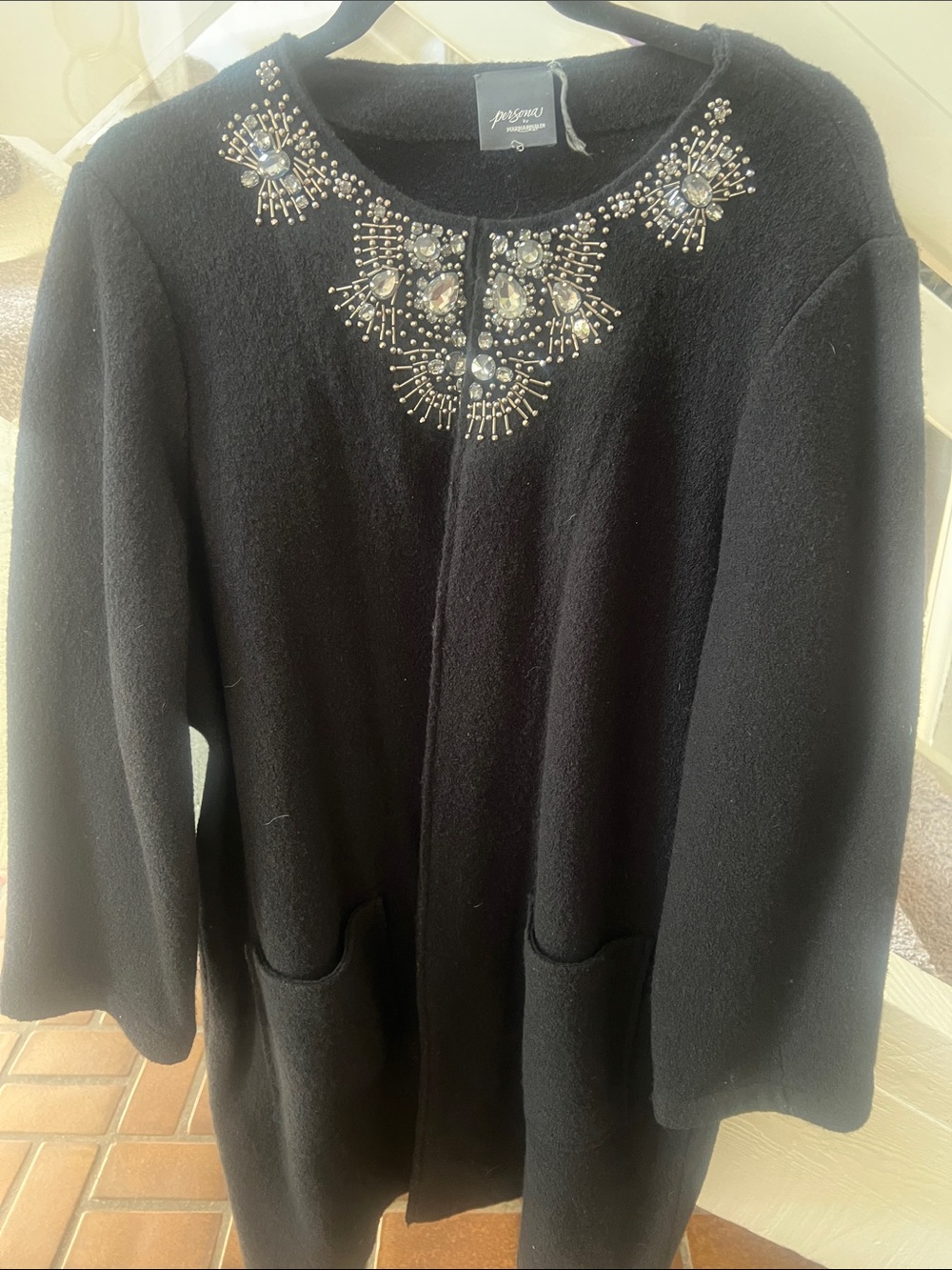 Marina Rinaldi vintage Black Wool Jeweled-Neck Coat